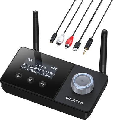 SOOMFON Transmisor Receptor Bluetooth 5.3, 3 en 1 Adaptador Bluetooth Audio, Receptor Bluetooth AUX Doble Conexión Larga Alcance 30 m, Emisor Bluetooth para TV/Auriculares/Sistemas de Sonido y más